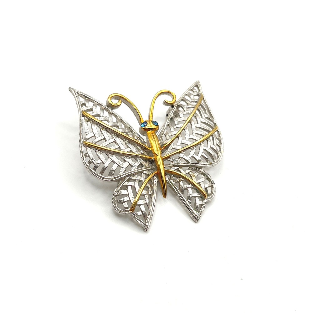 Vintage Avon Two Tone Silver Gold Butterfly Brooch Blue Rhinestone Eyes Lattice